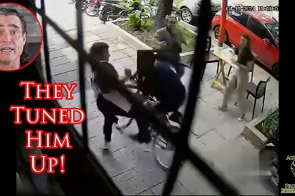 Sidewalk Cafe Butt Kicking of Thief Caught On Camera!